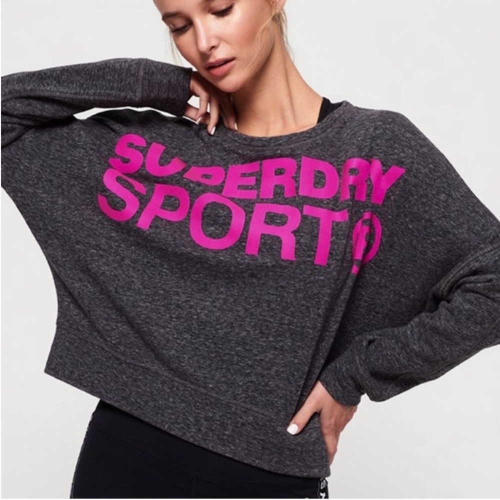 Superdry Sport Heather Charcoal Crop Sweatshirt with Bright Pink Logo